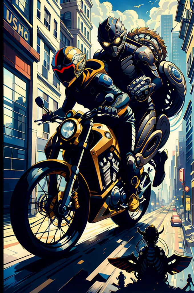 Boys riding futur sportbike, movie poster,(by Artist Carrie Ann Baade:1.3)