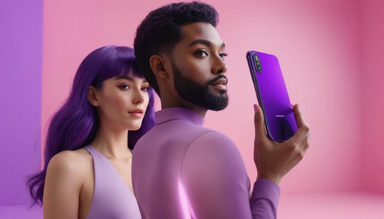 woman holds smartphone in her hand, naked european woman holding a dildo and smartphone that is glowing with pink and purple colours, in front of blackhair man, we can see their face close, closeup, minimalistic, in a light purple and pink style, with soft edges and blurred details, in the toycore style, with a 3D render, on a colorful background, with a minimalist stage design, in a surreal style, with a cinema4D rendering, with a minimalist style, with low saturation, using gradient colors, with a cinema4D rendering, with a blender rendering, with super detail, at a super high resolution, at a super high definition
