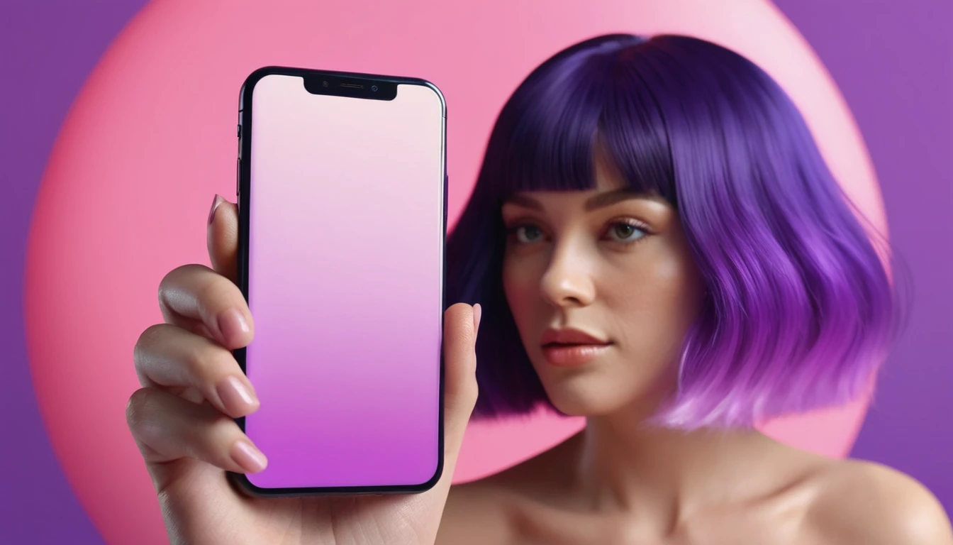 woman holds smartphone in her hand, naked european woman holding a dildo and smartphone that is glowing with pink and purple colours, in front of blackhair man, we can see their face close, closeup, minimalistic, in a light purple and pink style, with soft edges and blurred details, in the toycore style, with a 3D render, on a colorful background, with a minimalist stage design, in a surreal style, with a cinema4D rendering, with a minimalist style, with low saturation, using gradient colors, with a cinema4D rendering, with a blender rendering, with super detail, at a super high resolution, at a super high definition