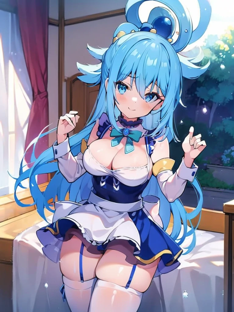 (masterpiece, Chic quality, HDR,Best quality: 1.2), solo, 1 girl, Konosuba ,aqua, detailed face, exhilaration, beautiful smile, looks at the viewer, detailed clothing, detailed fabric, Hair rings, maid, lace, shoes, Medium breasts, middle thighs, Bedroom, Bed,  hands behind your back, cowboy shot