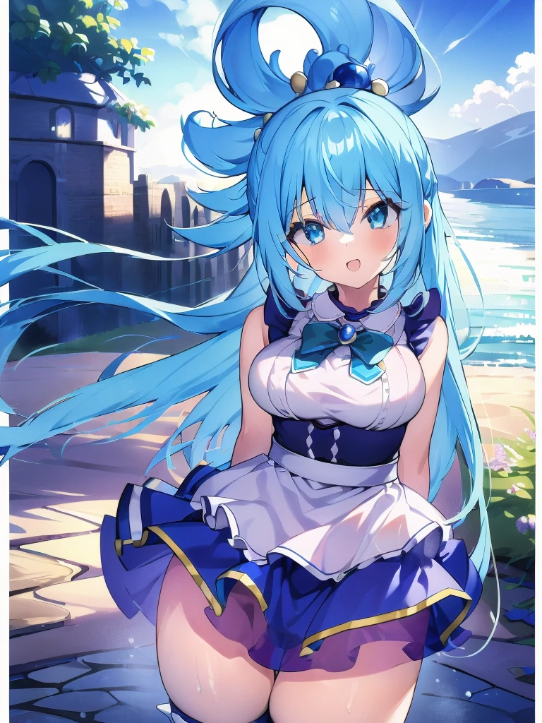 (masterpiece, Chic quality, HDR,Best quality: 1.2), solo, 1 girl, Konosuba ,aqua, detailed face, exhilaration, beautiful smile, looks at the viewer, detailed clothing, detailed fabric, Hair rings, maid, lace, shoes, Medium breasts, middle thighs, Bedroom, Bed,  hands behind your back, cowboy shot