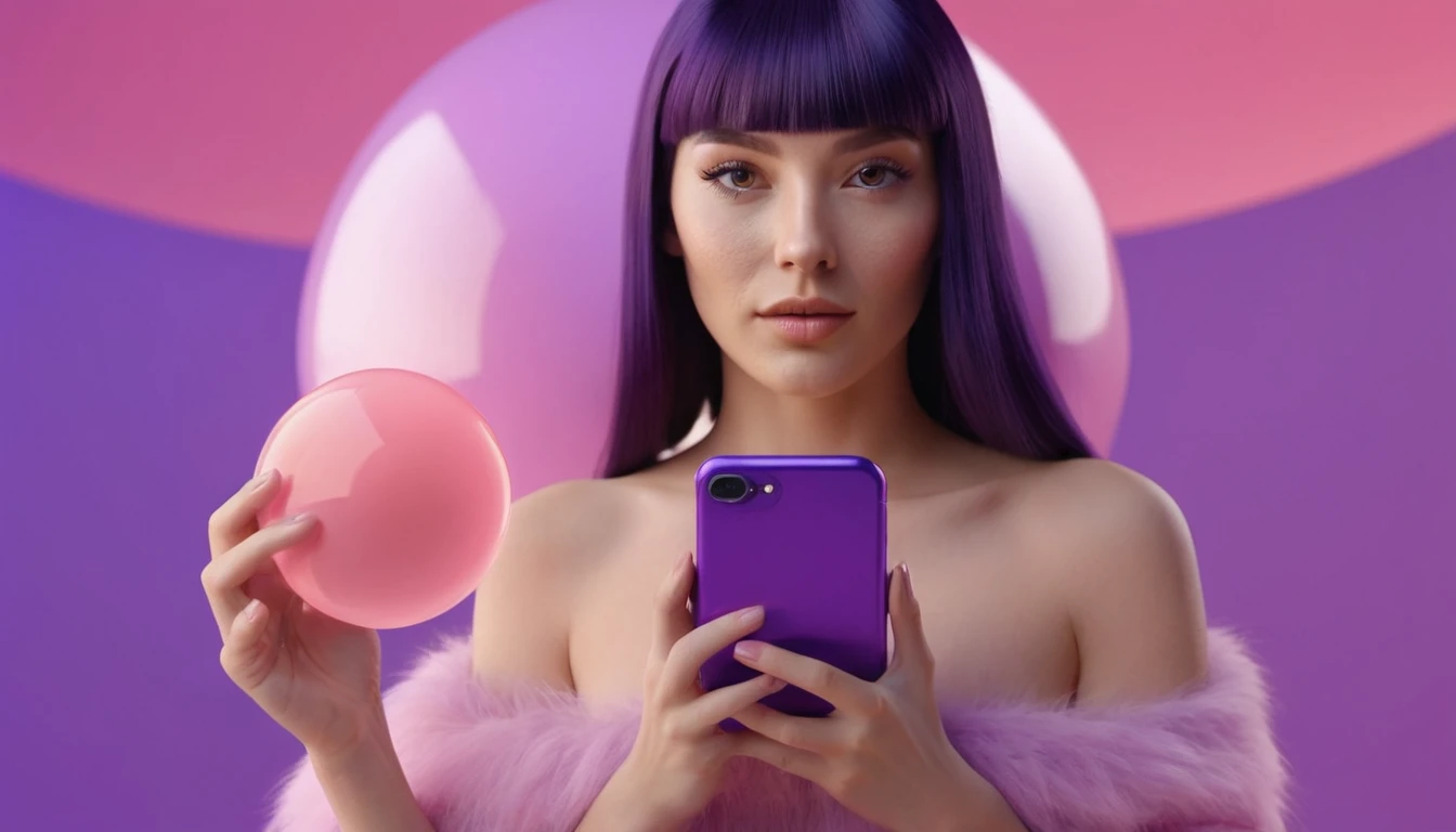 woman holds smartphone in her hand, naked european woman holding a dildo and smartphone that is glowing with pink and purple colours, in front of blackhair man, we can see their face close, closeup, minimalistic, in a light purple and pink style, with soft edges and blurred details, in the toycore style, with a 3D render, on a colorful background, with a minimalist stage design, in a surreal style, with a cinema4D rendering, with a minimalist style, with low saturation, using gradient colors, with a cinema4D rendering, with a blender rendering, with super detail, at a super high resolution, at a super high definition