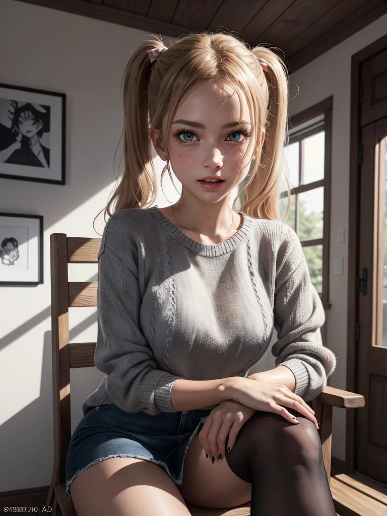 NICE,unparalleled beautiful girl,tteens detailed cute shot, pretty cool and beautiful cute face,super detailed NICE cute face, nice body, beautiful teeth, twintails, (FGO, Arknight, winter , moesode sweater. mini skirt),(erotic, sexy, upper eyes, spread legs), shiny skin,
perfect face, cute and symmetrical face, natural side lighting, movie lighting,
sitting chair,(glare shyly,detailed blush emotional expression of recieved ashamed love prank),(truth feeling),(legwear),1girl,8k,best quality,cg,(unparalleled masterpiece),ultra high res,hyper quality, extremely detailed, (high saturation),full color, super detailed skin, beautiful detailed eyes, extremely detailed face, approaching perfection, smooth, unparalleled best beautiful painting, golden ratio best illustration, various hair style, unparalleled best drawing, show me your best performance, do your best!, (from below), (NICE! show me you what you want to show me!, give me your feeling for me),wonderful amazing cute detailed expression of my sweet girl NICE,good anatomy beautiful face,engagement,
absurdres, absolutely resolution, incredibly absurdres, highres, ultra detailed, official art, unity 8k wallpaper, unparalleled masterpiece best quality story work. realistic cute anime. Lively and realistic characters. lively and detailed Anime.