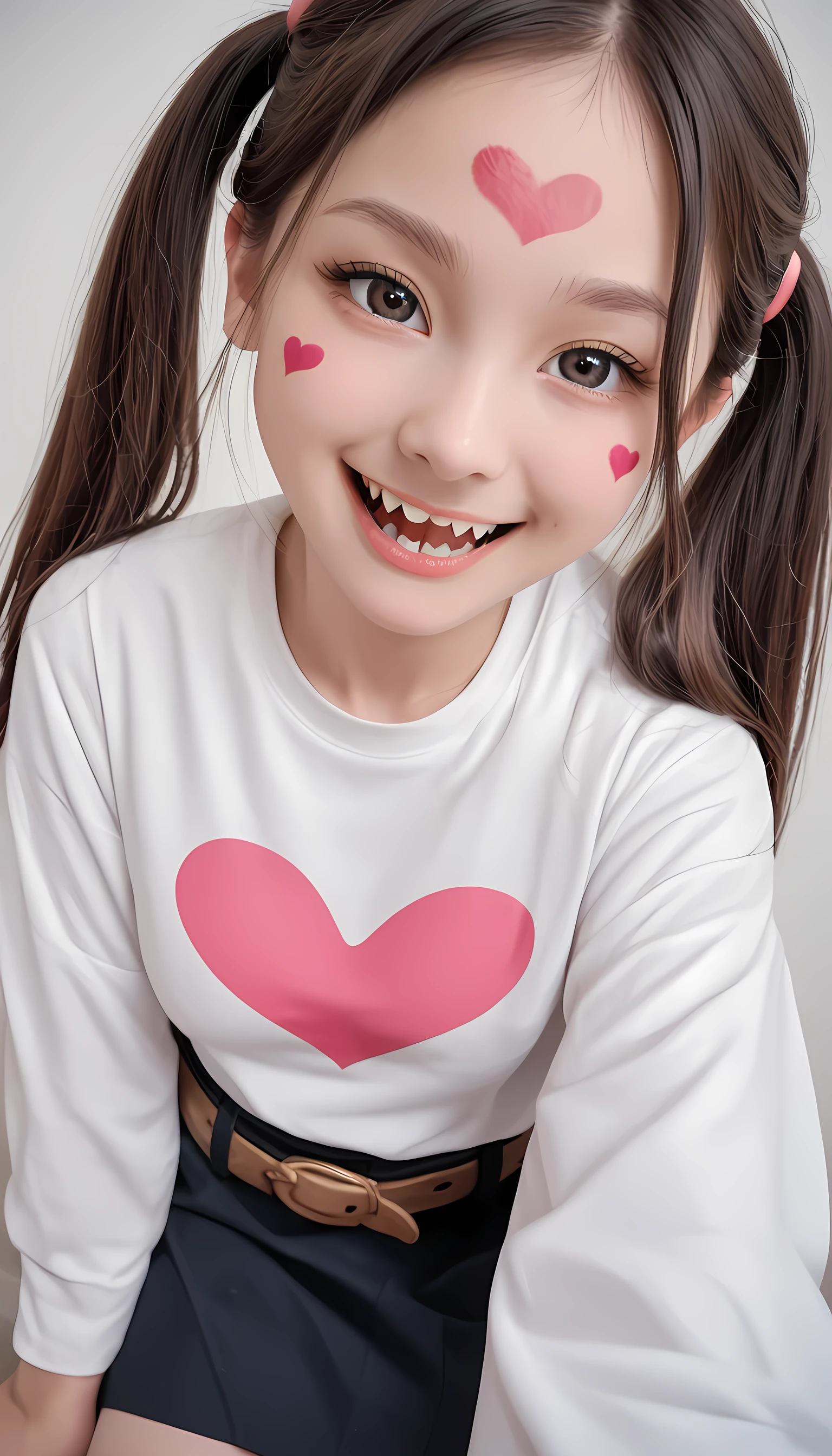 score_9,score_8_up,score_7_up,female\((sango:1.2),chibi,age of 12,white skin,evil smile,open mouth,sharp teeth,(long tongue:0.5),hair\(pink,twintails\),hairclip,shirt\(open shoulder,long sleeve\),skirt\(black,short\),brown belt,Eye corners\(pink\),(narrow eyes:0.5)\(gray\),very cute pose,breast\) BREAK background\(simple,dark,pink heart marks\) BREAK quality\(8k,wallpaper of extremely detailed CG unit, ​masterpiece,hight resolution,top-quality,top-quality real texture skin,hyper realisitic,increase the resolution,RAW photos,best qualtiy,highly detailed,the wallpaper,cinematic lighting,ray trace,golden ratio\),(dynamic angle),(close up of face),[nsfw:2],