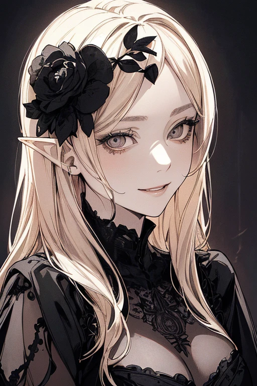 Highest quality, (Background details), High Contrast, Very beautiful woman, Detailed original illustrations、functional、Elf、Platinum Blonde Hair、Sundress、Delicate face、attractive、Villainess、sexy、Real breasts、Crazy Smile, Crazy Eyes, Head close-up, Black background, (Black background: 1.5), Beautiful line art、Monochrome