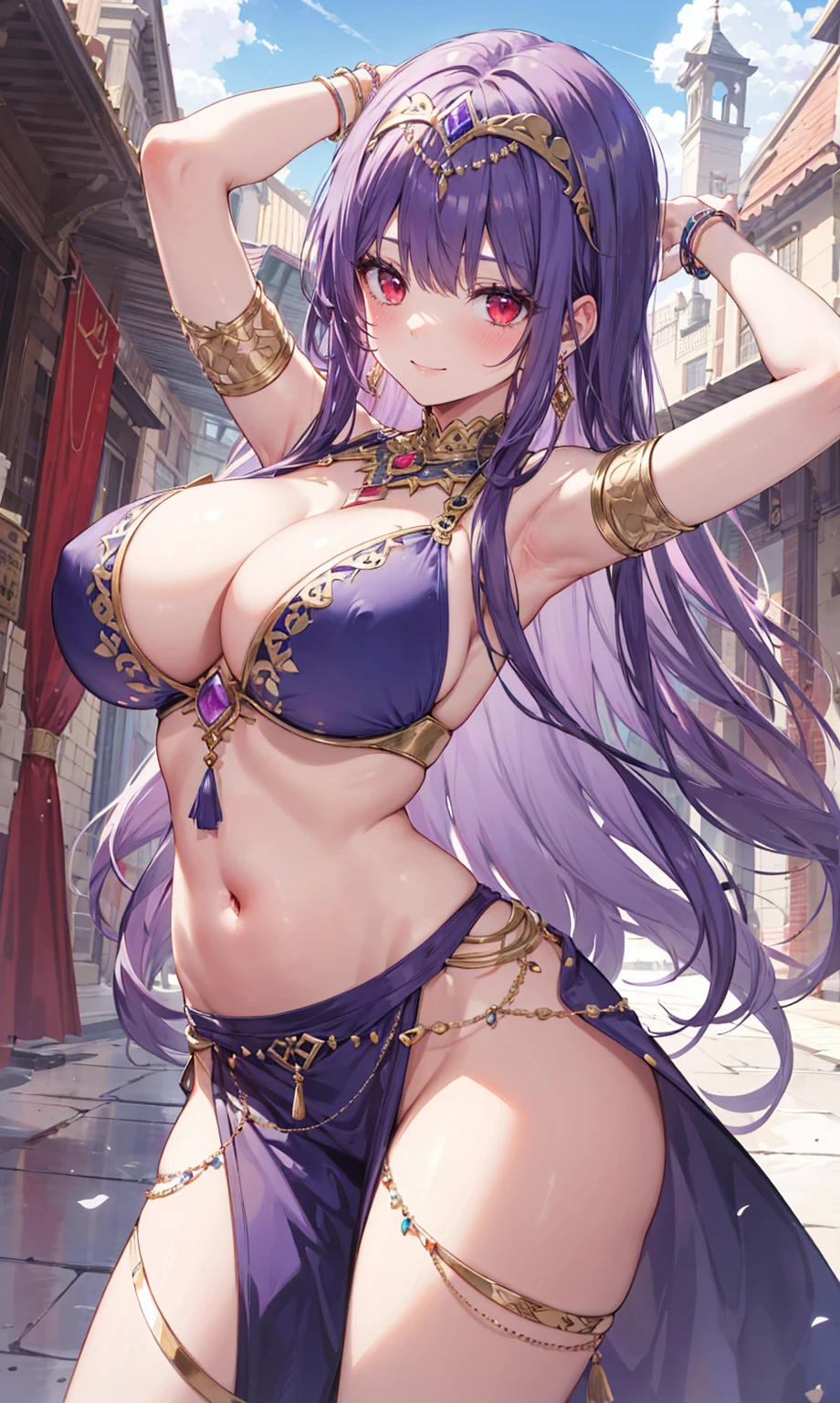 high quality, ultra detailed, best quality, insanely detailed, beautiful, masterpiece, 1girl, medieval plaza, cowboy shot, red eyes, long hair, purple hair, belly dancer, circlet, earrings, armlets, bracelets, bashful smile, large breasts, cleavage, soft stomach