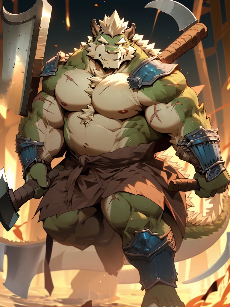 a furry eastern dragon, long whisker, green fur, bare chest, big chest, big build, warrior waist armor, sandal, ((eastern dragon), ((green dragon)), ((waist armor)), furry art, full body, mature, tall, daddy, muscular, rounded face, ((no coat)), ((berserker)), scar body, (scar), bare body, many scars on body, scar face, long beard, very muscular, beefy body, (((bare chest))), (((large pecs))), (((hold a long and big axe))), action pose