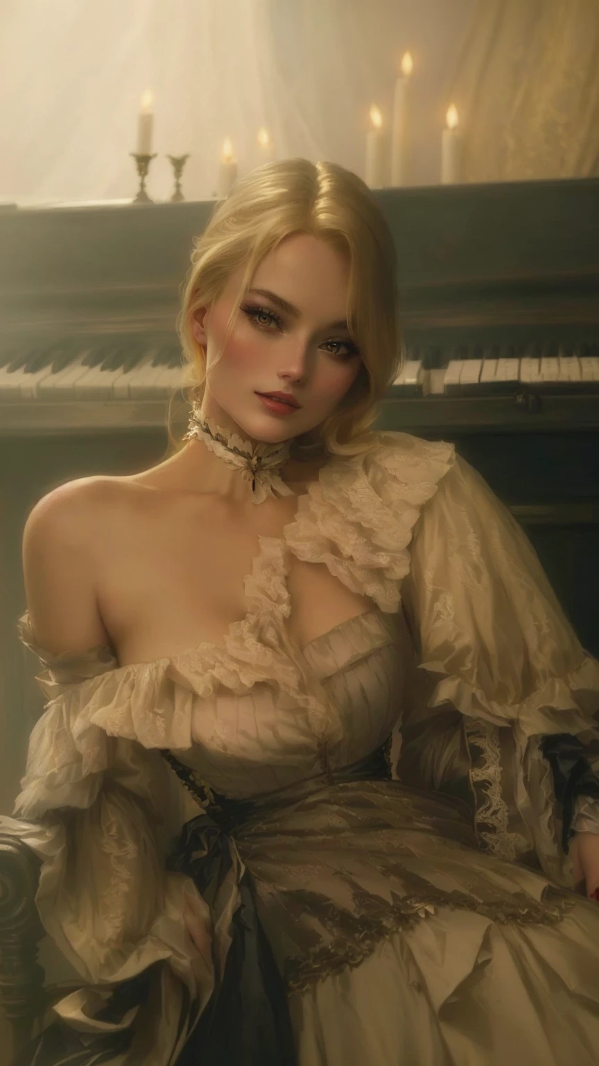blond woman in a dress sitting on a piano in a room, pretty margot robbie vampire, portrait of kim petras, yelena belova, gorgeous lady, in victorian aristocrat, sophie turner, olya bossak, in a high renaissance style, malcom liepke, victorian style costume, sophie turner girl, inspired by Thomas Couture