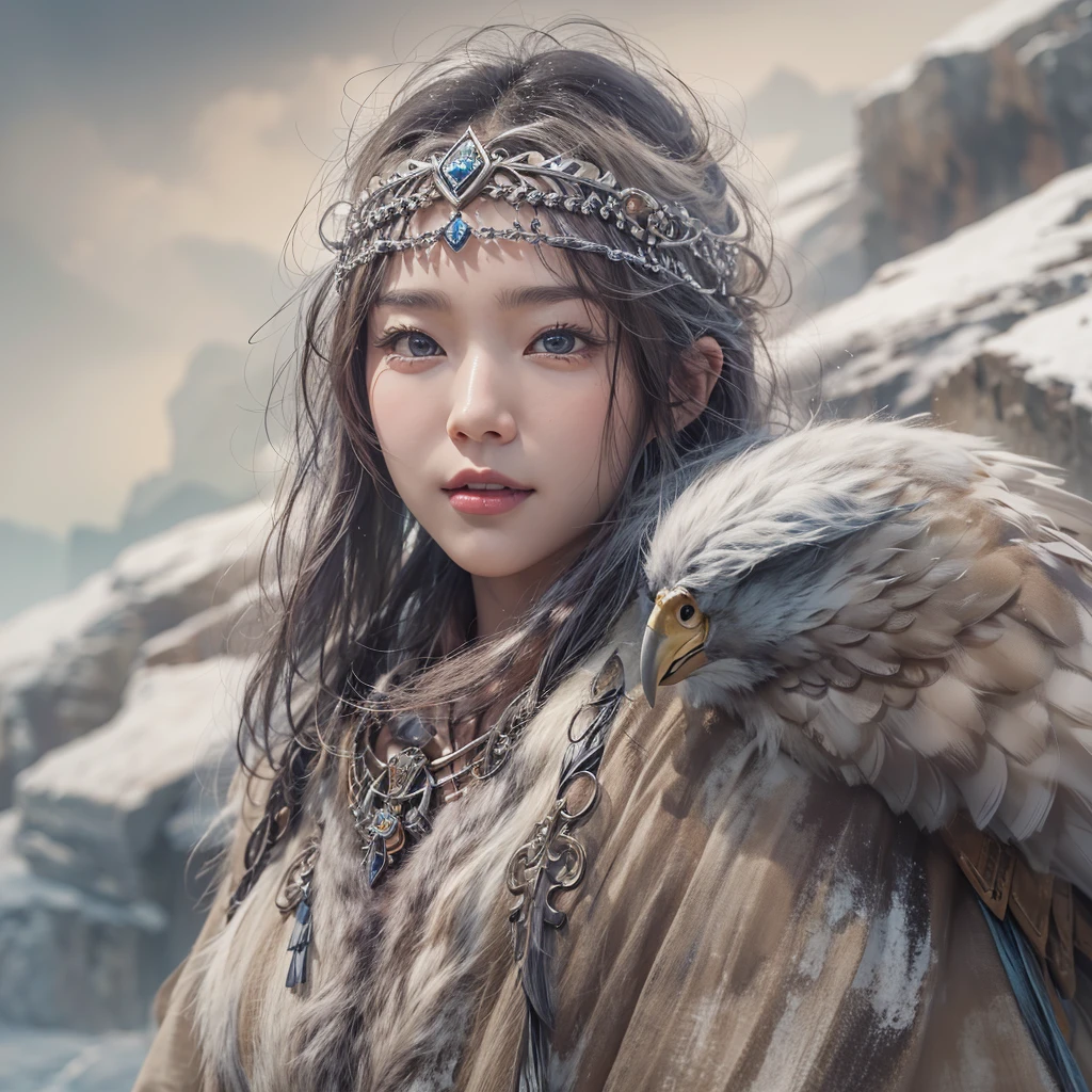 Hiding in the snowy mountains、Hair flow、 ((Highest quality、masterpiece、8K、Best image quality、Ultra-high resolution、Award-winning works)、(Accurate anatomy:1.1)、(Look at me and smile:1.1)、Shining fair skin with Ultra-high resolution、The most detailed face、Ultra-high resolution detailed face、Ultra-high resolutionの髪の毛、(Ultra-high resolutionの煌めく瞳:1.1)、Beautiful face drawn in every detail、(Blurred Background:1.1)、Ancient Inuit clothing, Chest to chest, tattoo, Old ruins in the background、Apart from the real giant eagle