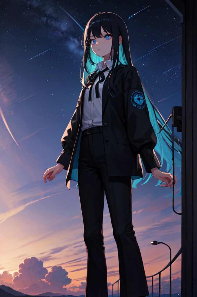 Beautiful hands, Beautiful dresasterpiece, (best quality:1.2), intricate details, ado, 1girl, multicolored hair, long hair, collared shirt, jacket, bangs, long sleeves, blue flower, (mature female:1.2), Ado, (dark blue hair, light blue inner), extra long hair, straight hair, blue eyes, slanted eyes, white inner shirt, (long black jacket, long black pants), (masterpiece, best quality:1.2), intricate details, ado, 1girl, multicolored hair, long hair, collared shirt, bangs, long sleeves, blue flower, (mature female:1.2), Stars and comets pass by in the open sky, Beautiful Clouds, A tree with glowing fireflies and butterflies々, (Ultra-realistic), {Highly detailed CG unit 8k wallpaper}, Vast landscape photography, (View from below with a panoramic view of the sky, vast open field vision), (Low angle shot), (Light: 1.5), (warm Light source: 1.2), Intricate details, (Rainbow colors: 1.2), (bright Lighting), (atimospheric Lighting), dream-like, Magic, fairy tale
