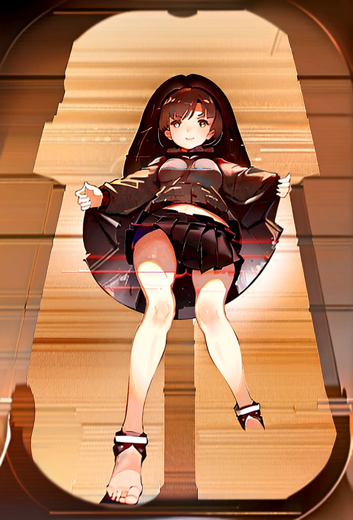 (1 Girl,Brown Hair, Perfect Skin, Black mini skirt : 1.5), cute, Highly detailed face, (From below:2), Train room, Very small breasts, (Baby Face, Small body), Big smile, shot, Upper floor, School、