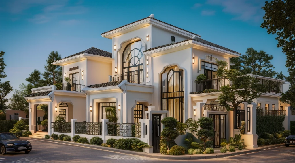 (Townhouse in city ,close houses and trees), (indochine style architecture) daylight ( best quality) ((high solution)) ,(( photo realistic)) ,warm light,  soft lighting, warm atmosphere,high Resolution, hyper detailed,4k ,vray render, octane render, hyper realistic, photography expert ,exterior design , professional photography, exterior photography,wide-angle shot , ultra detail , high Resolution , full frame, full body