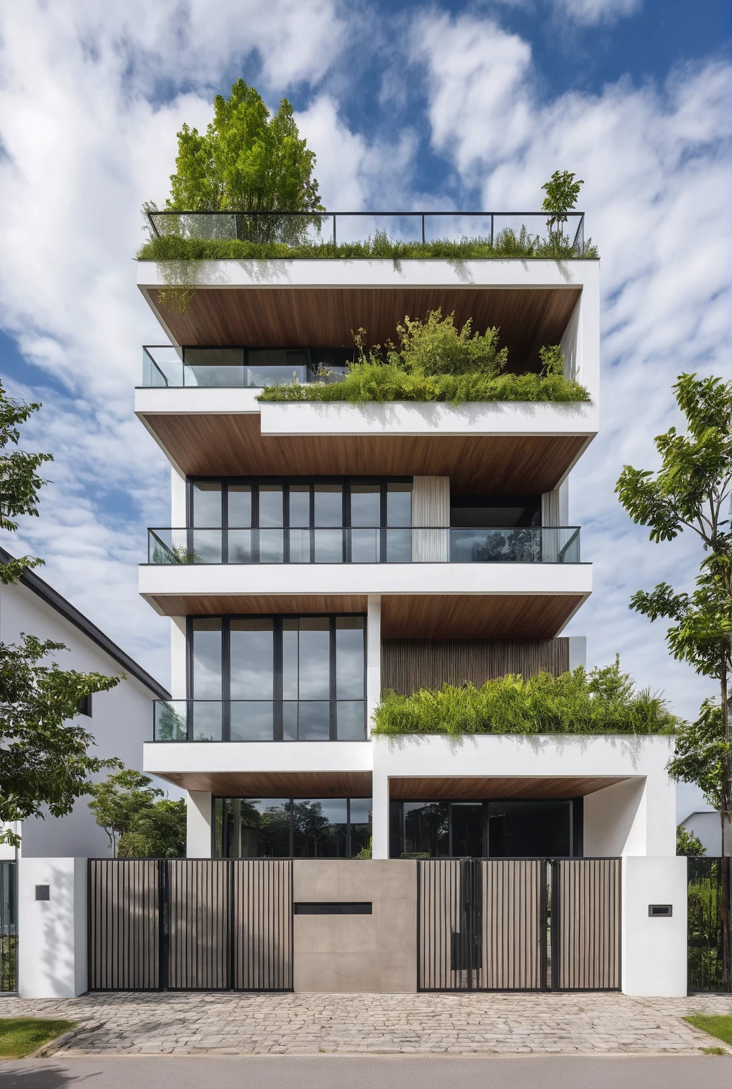 Raw photo,Masterpiece, high quality, best quality, authentic, super detail,
outdoors, house style modern,bietthuhn, white wall, glass windows, gate
road,pavement, grass, trees, sky, cloud, (day:1.1),