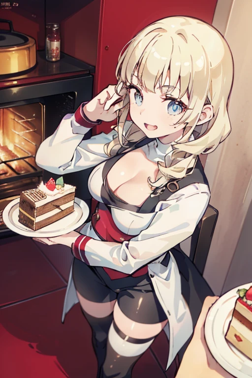 (dynamic angle:1.3, front view:1.1, breast focus:1.3, from above:1.1), (dynamic posing:1.2, sexy posing:1.2), (seductive smiling:1.3), ((looking at cake,Taking a cake out of the golden oven, worried about the outcome:1.2)),highest quality、(real、photorealistic:1.4),(ultra high resolution, 8K RAW photo, clear focus), best qualtiy, natural lighting, field depth, (Bright pupils, detailed beautiful eyes, high detailed face), Red lip, (tight focus:1.2), a girl 22yo old, Wearing a pastry chef uniform:1.3 , Thicc, thin breast, long hair, blue eyes,garter stocking, cleavage:1.2, midriff, black shorts, black thighhighs, thigh strap, pretty girl, (highly detailed beautiful face and eyes,firm breasts),real skin,((black,hair,long pony tail hair)),thin pubic hair,cute,lovely, detailed eyes,(double breasted:1.0,under bust:1.0),(with sparkling eyes and a contagious smile),open mouth, Looking at Viewer,A scene of cooking in the kitchen,looking at the golden oven