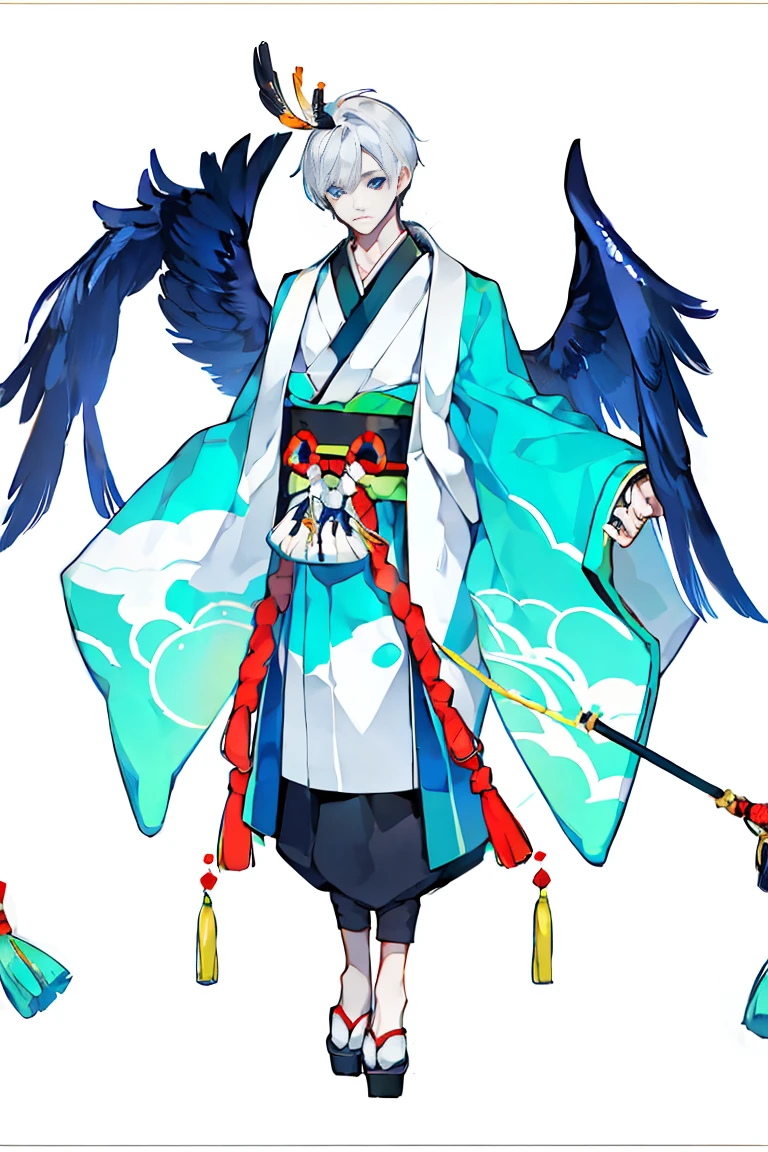 (1 boy), solo, solo, Full body standing painting, Japanese clothing, A pair of top crane wings，Feather hair accessories，feature, White background, Onmyoji detailed art, Traditional oriental art style, Beautiful style, That style, masterpiece, Top quantity, Best quality, Ultra-high resolution