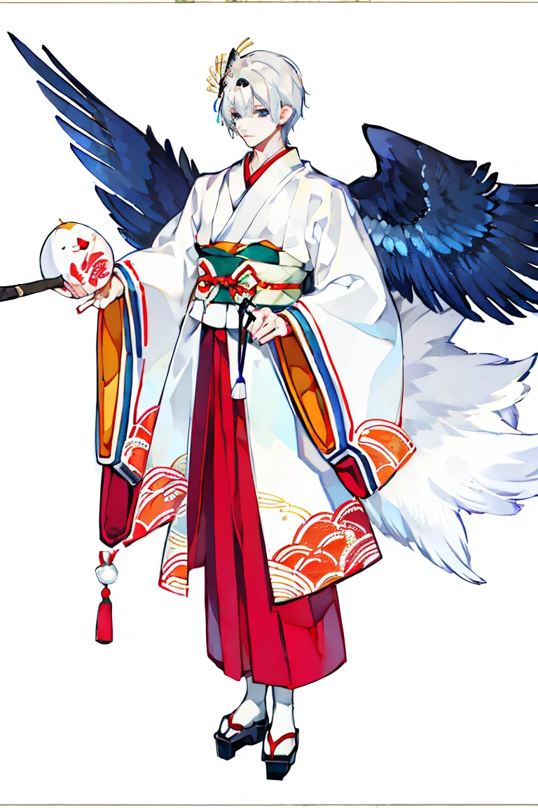(1 boy), solo, solo, Full body standing painting, Japanese clothing, A pair of top crane wings,Feather hair accessories,feature, White background, Onmyoji detailed art, Traditional oriental art style, Beautiful style, That style, masterpiece, Top quantity, Best quality, Ultra-high resolution