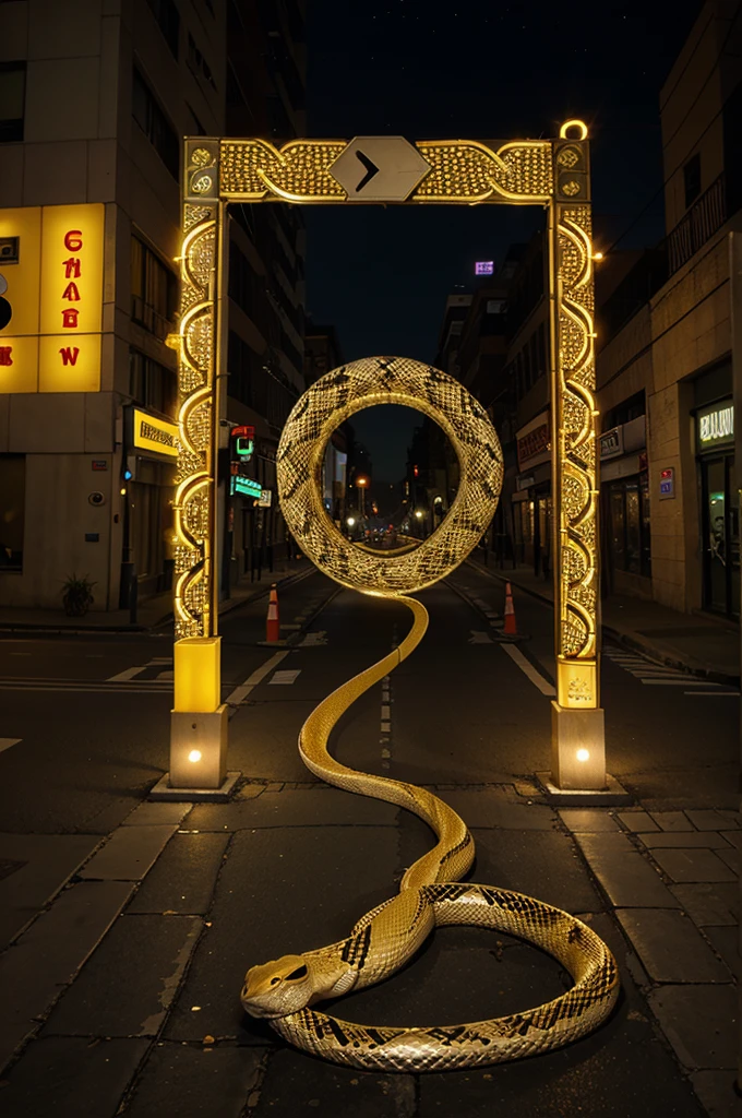 street arch, electric light, bling bling, modern, snake, plait, lotus, bird, pattern, texture, 2d, big, crossroad