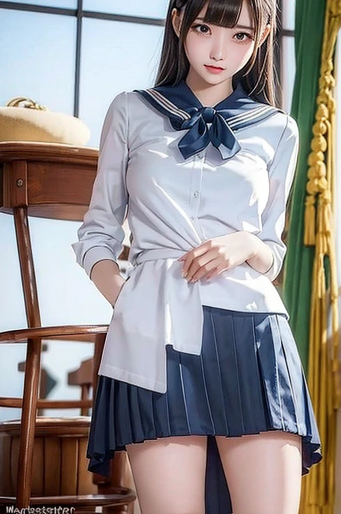 masterpiece, best quality, ultra-detailed,woman,tears, , beautiful eyes, looking at viewer, blush, shy, open legs, ((lift up skirt,)) micro panties, pubic hair, in the room, slender, standing, , sitting chair,
