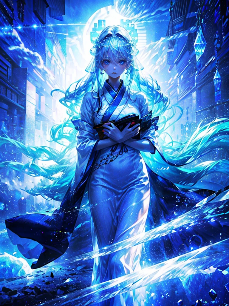 One beautiful woman、Long Field Angle、Highest quality、Super detailed、masterpiece、Transparent light blue hair、Crystal-like hair、Blue eyes that shine like jewels、Flowing hair、Sky、world of ice and snow、Above the Clouds、Spectacular viewysterious、Hakama