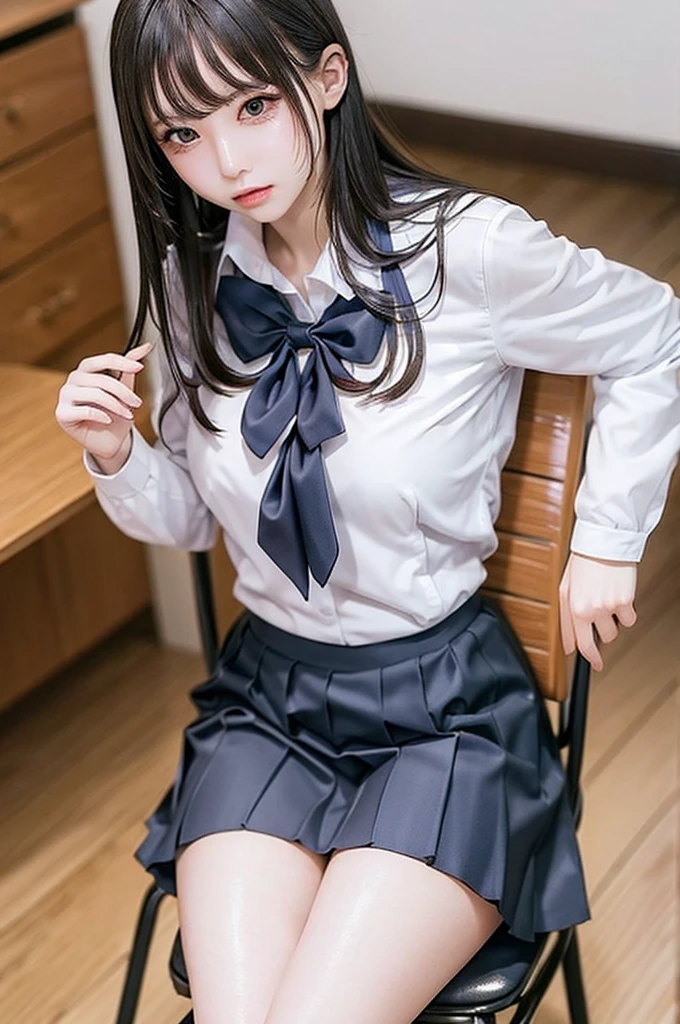 Masterpiece、top-quality、girl1、ultra-detailliert　A dark-haired、straight haired　Japan girl uniform、panties on　Soft thighs、Mansuji　skirt rift、Skirt lift yourself　Background with、Trem lotado