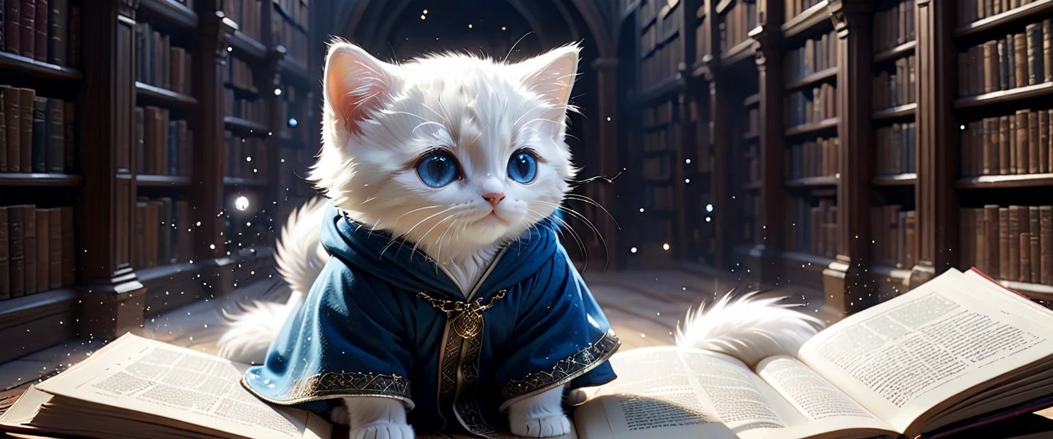 C4tt4stic, Medieval Europe, surrounded by countless particles of light, each one shining brightly, illustration of a small, cute creature, wearing a luxurious robe, full body, from behind, standing, costume, reading a book in a library, fantasy art, exquisite details, Jean-Baptiste Monge style, Alan Lee style, anthropomorphic blue-eyed white furry kitten, cinematic scene, dramatic shot angles, atmospheric grain, realistic, raw cinematic photorealism, action portrait, 8k, detailed, full frame