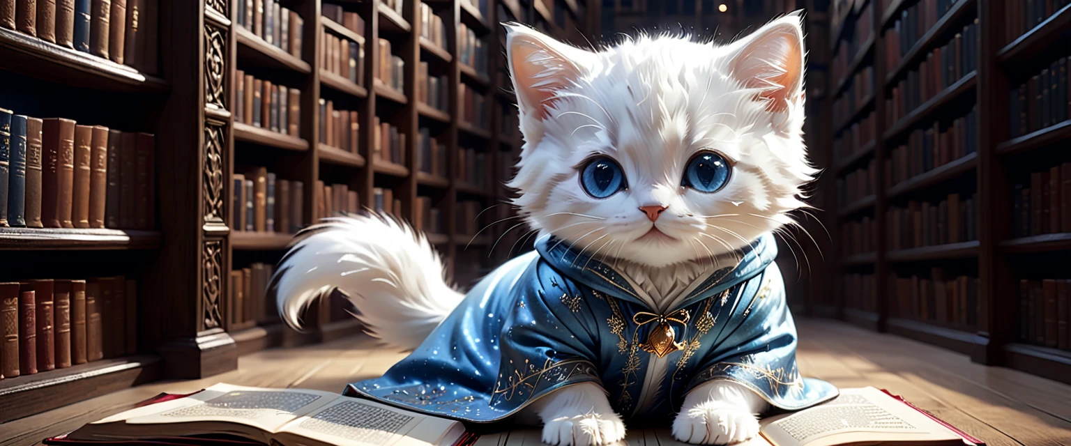 C4tt4stic, Medieval Europe, surrounded by countless particles of light, each one shining brightly, illustration of a small, cute creature, wearing a luxurious robe, full body, from behind, standing, costume, reading a book in a library, fantasy art, exquisite details, Jean-Baptiste Monge style, Alan Lee style, anthropomorphic blue-eyed white furry kitten, cinematic scene, dramatic shot angles, atmospheric grain, realistic, raw cinematic photorealism, action portrait, 8k, detailed, full frame