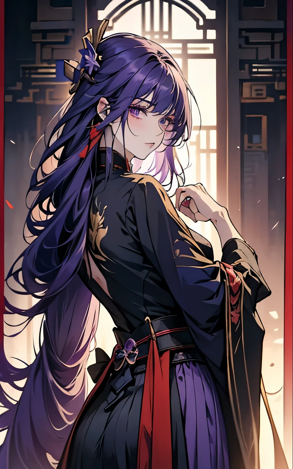 Raiden Shogin - genshin impact, long purple hair, violet eyes, violet chinese clothes, ultra long skirt, chinese room, portrait, sexy, 