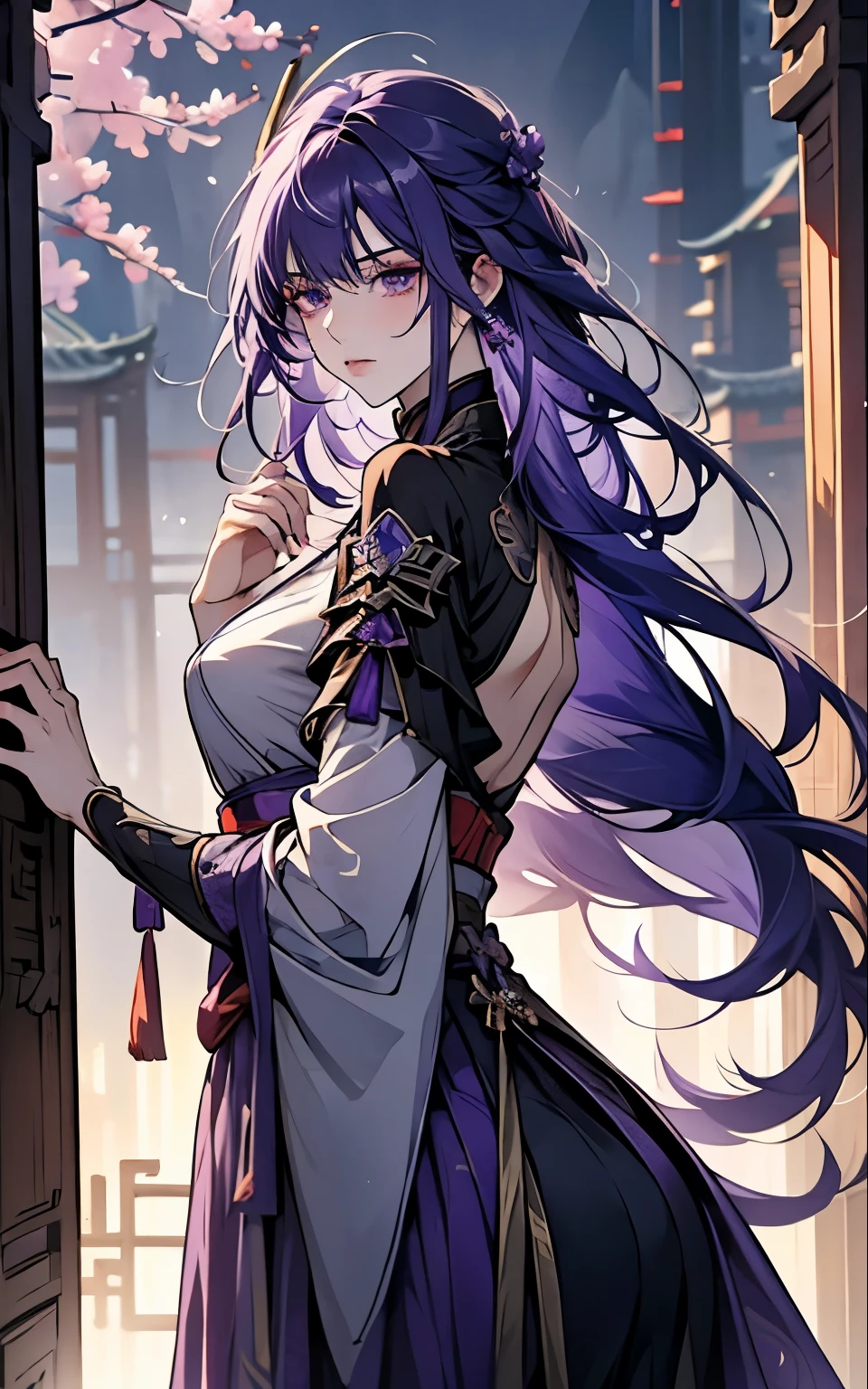 Raiden Shogin - genshin impact, long purple hair, violet eyes, violet chinese clothes, ultra long skirt, chinese room, portrait, sexy, 