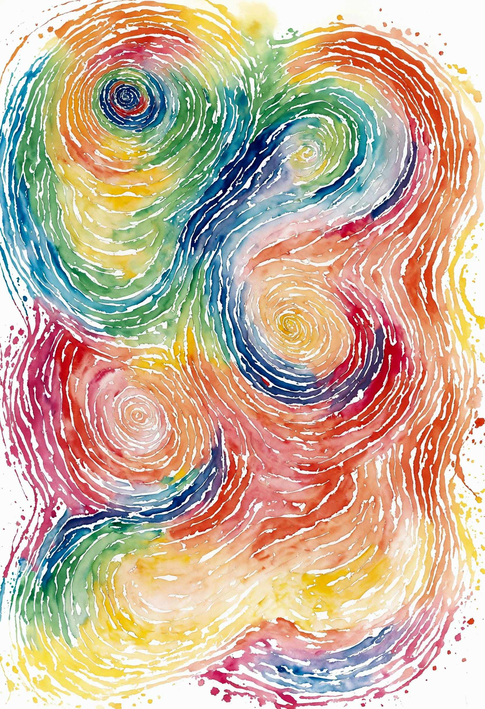 A colorful abstract painting with a spiral design, Gouache on paper, Acrylic painting on canvas, Full Color Mixed Media, Abstract Style, Watercolor expressionism, Soft organic abstract, Complex Curves Watercolor