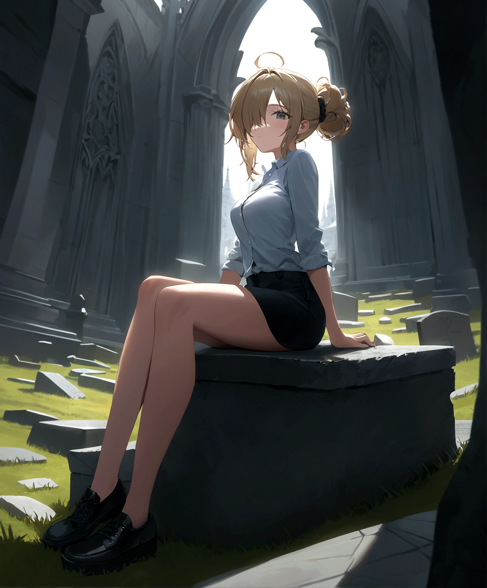 ((Best Quality, 8K, Masterpiece: 1.3)), 1girl, Beauty: 1.3, (Hairstyle Casual,) sitting on a gravestone, worms eye view, Super Fine Face, sexy