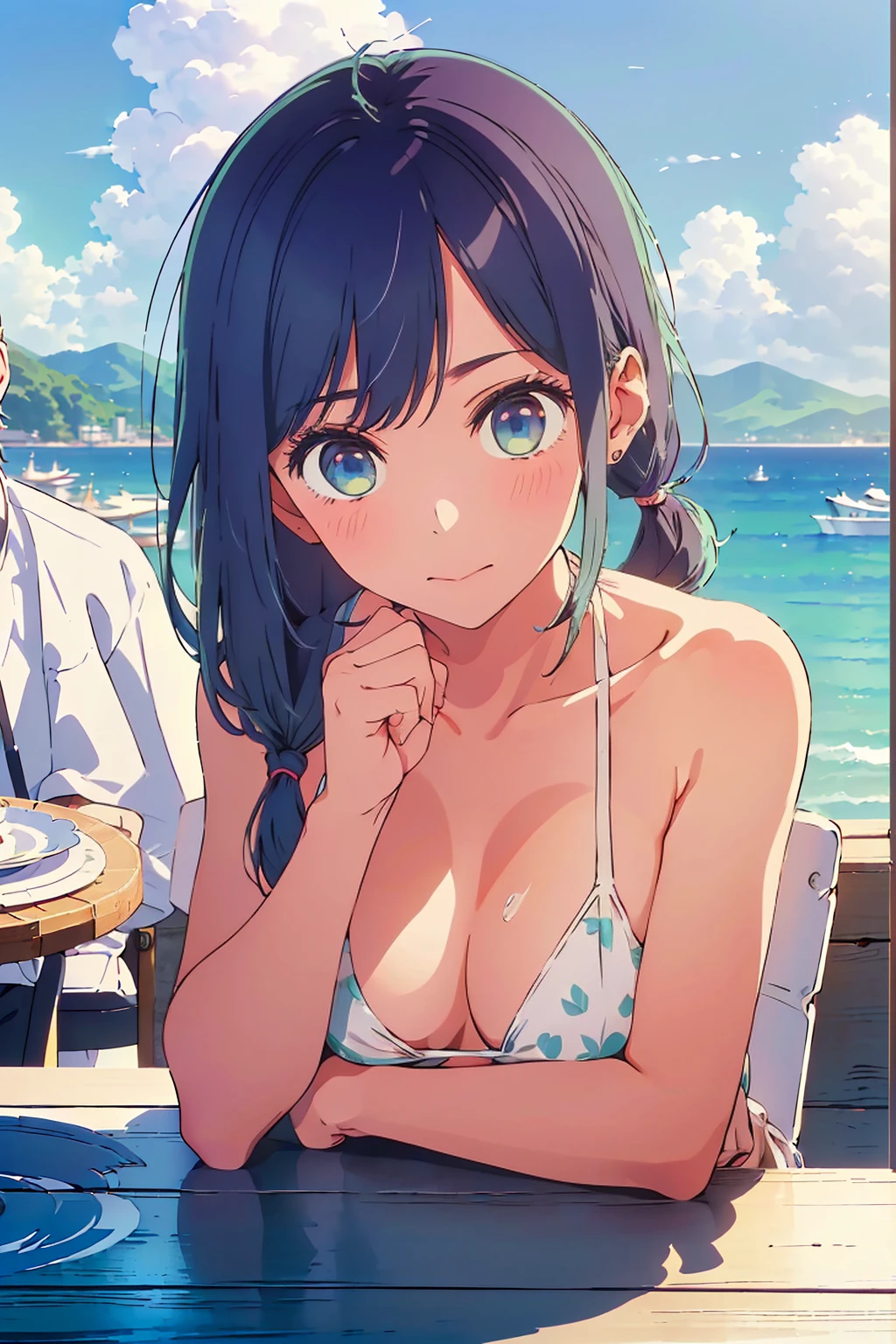 (Highest quality:1.4、8K:1.4、detailed)、F cup bust、Big Breasts、Slim body、Very white beautiful skin、((((1 person、Surprised expression、sit、Chair、In the background are the urban buildings of Tokyo、looking at the camera、Outdoor café terrace、coastal、Navy hair color、juice、White side string high leg bikini、Shooting up close、table、Very cute face))))、(Wavy low ponytail:1.4、Pose of putting hair behind ears with hands:1.4)、Very blue sky、A completely cloudless sky