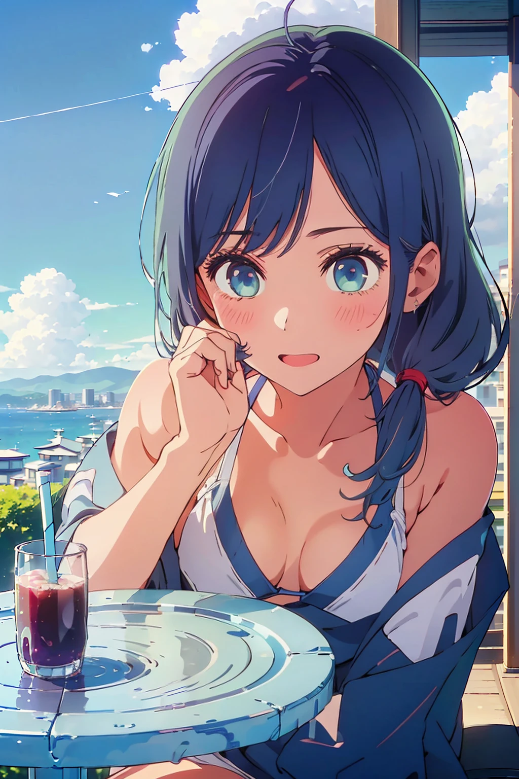 (Highest quality:1.4、8K:1.4、detailed)、F cup bust、Big Breasts、Slim body、Very white beautiful skin、((((1 person、Surprised expression、sit、Chair、In the background are the urban buildings of Tokyo、looking at the camera、Outdoor café terrace、coastal、Navy hair color、juice、White side string high leg bikini、Shooting up close、table、Very cute face))))、(Wavy low ponytail:1.4、Pose of putting hair behind ears with hands:1.4)、Very blue sky、A completely cloudless sky