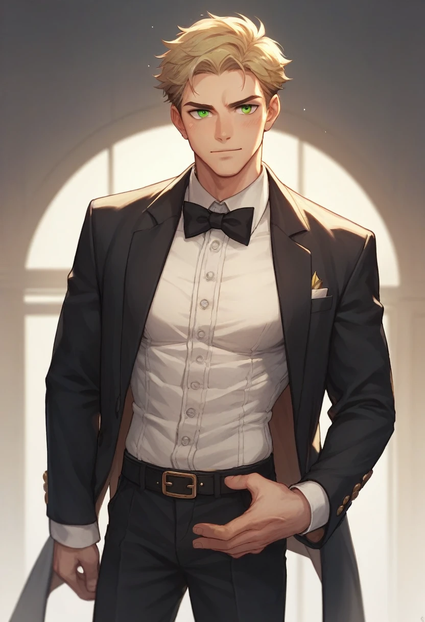 A handsome man with blond hair, green eyes and a gold tuxedo