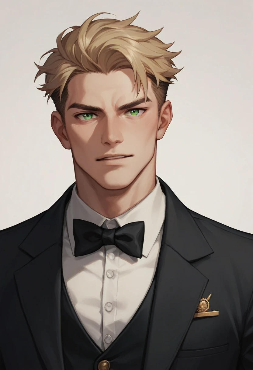 A handsome man with blond hair, green eyes and a gold tuxedo