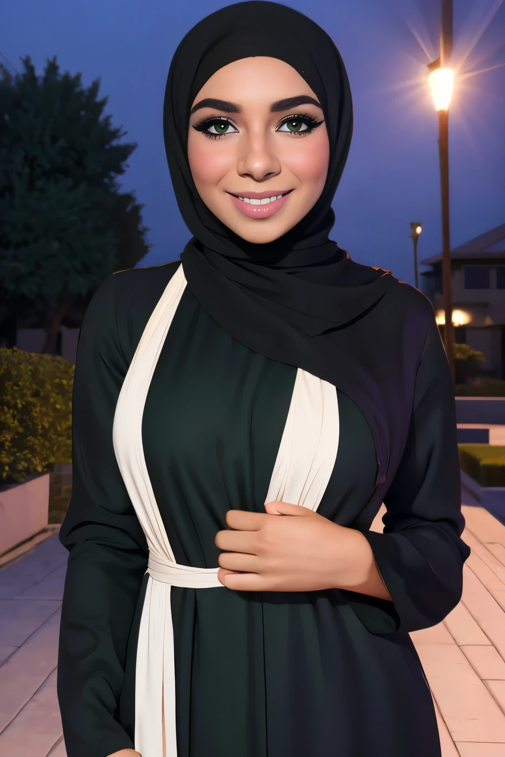 (Cute teen glamour model), gorgeous teen, ebony skinned arab, head and shoulders focus, youthful, young, teen, teenager, (looking at the camera), outdoor lighting, huge breasts, hijab, thin, skinny, dainty, delicate, no bra, black abaya dress, covered, greeneyes