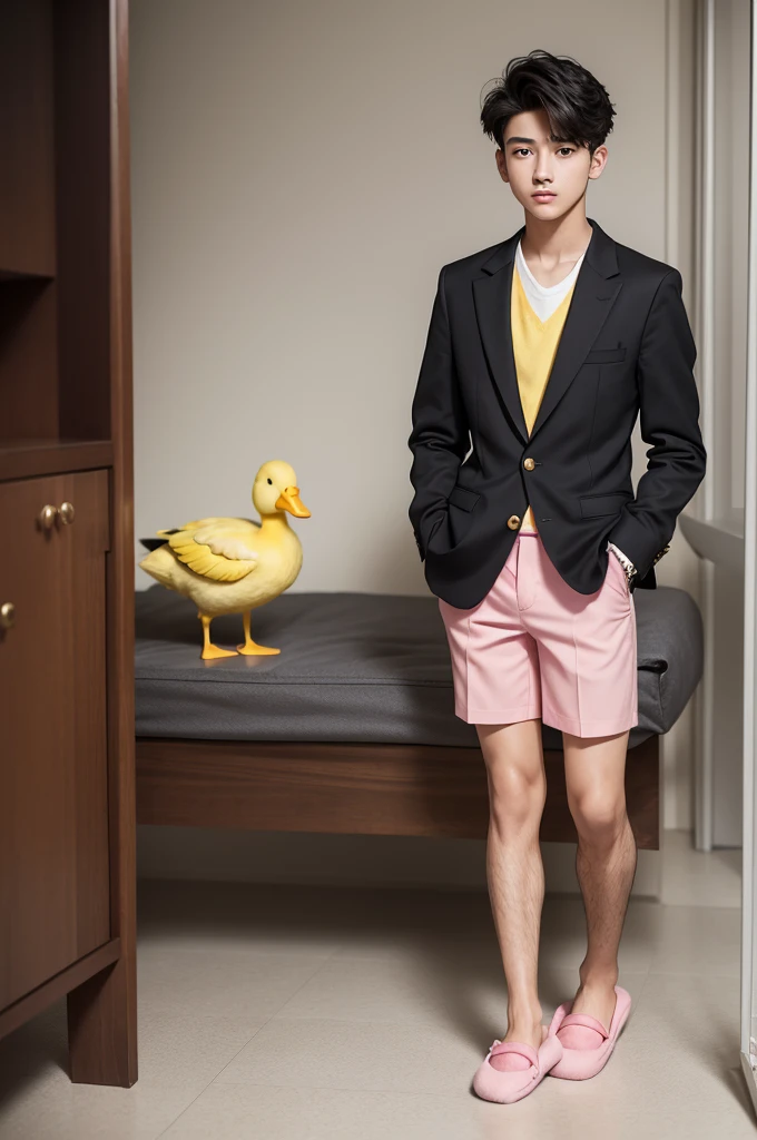 Boy 19 years old with an elegant black blazer, and pink shorts with yellow ducks and slippers on my feet