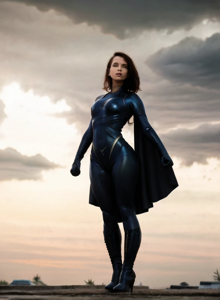 A superhero soaring through a dramatic stormy sky, sunrays piercing through the clouds, heroic pose, ultra-detailed portrait, highly realistic skin, 8K resolution, RAW photo, masterpiece, soft cinematic lighting