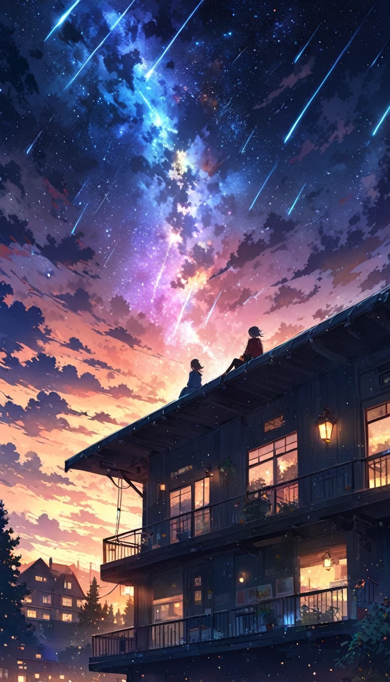 anime painting inspired by Makoto Shinkai, space art, sideways gray Norwegian forest cat sitting on the roof of a building looking at the sky, mysterious, fantastic, meteor shower, intricate lights, twinkling city lights,