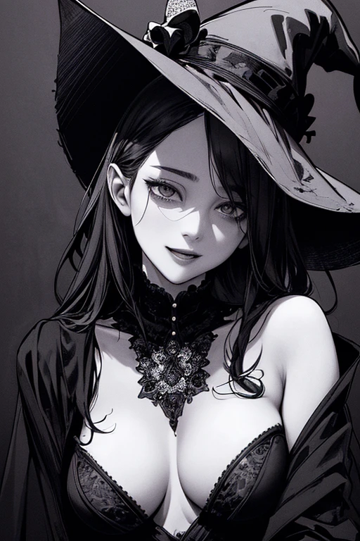 Highest quality, (Background details), High Contrast, Very beautiful woman, Detailed original illustrations、functional、witch、Pointed hat、Black Robe、Delicate face、attractive、Villainess、sexy、Real breasts、Crazy Smile, Crazy Eyes,  Head close-up, Black background, (Black background: 1.5), Beautiful line art、Monochrome