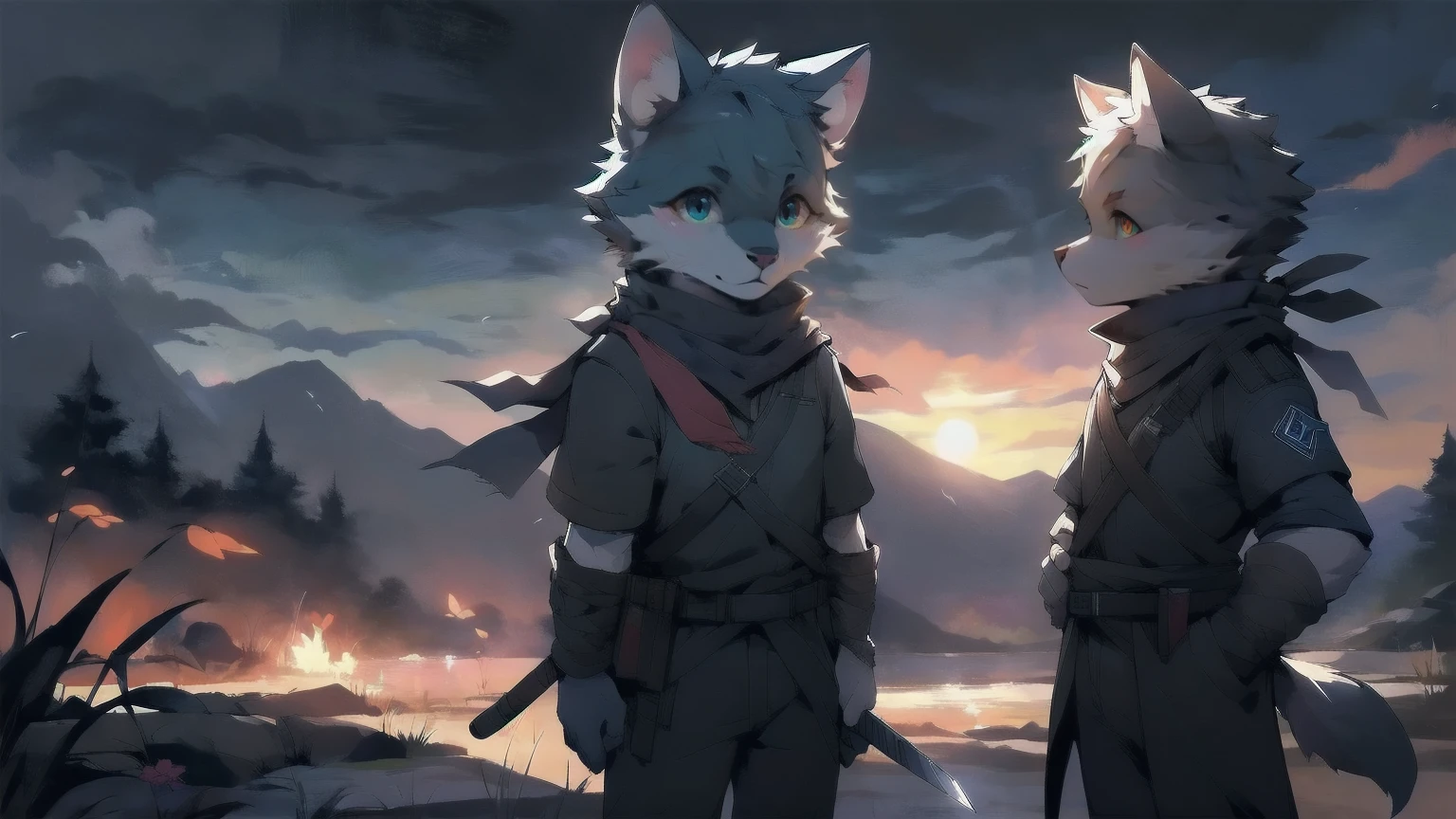 Wolf，juvenile，male，Gray-black fur，Sky blue eyes，Black combat uniform，scarf，Holding a long sword，scabbard，Draw the sword，permanent，The only one,dawn，illumination，Break，bust