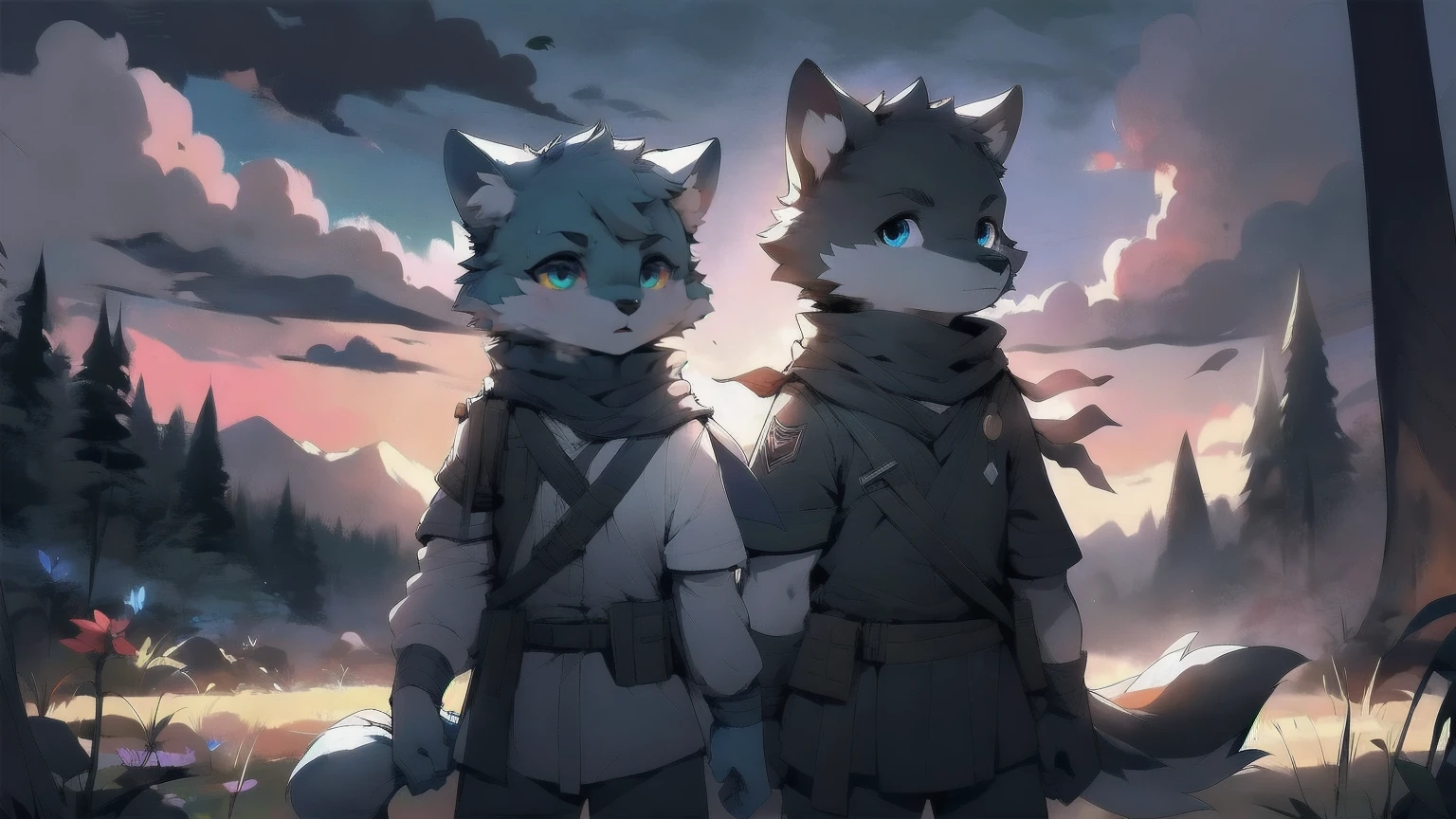 Wolf，juvenile，male，Gray-black fur，Sky blue eyes，Black combat uniform，scarf，Holding a long sword，scabbard，Draw the sword，permanent，The only one,dawn，illumination，Break，bust