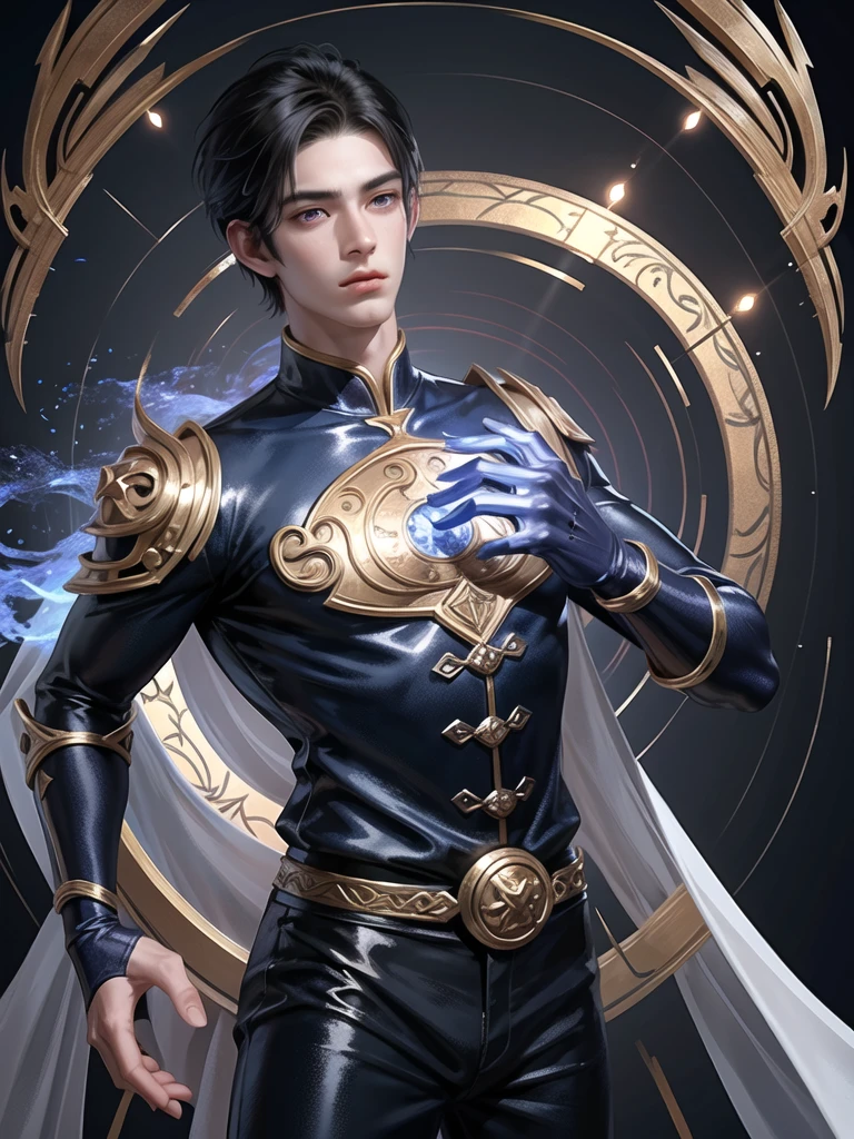 (Martial arts style works),(quality),(height) ,1 boy,Light indigo black eyes, Short dark indigo black hair., alone,(Detailed background of a young boy),Handsome and detailed face.,fairy tale,(human race),The body is thin and shiny...,Image of the construction of a magic camp,light picture narration movie,Didn't see the view.,Not looking at the view.,light and shadow,Wear beautiful traditional Chinese clothing with perfect details..(No pants),Wear a beautiful long blue and white traditional Chinese dress..,Fine jewelry website, style,moon,floating on water,, There was a delicate turquoise ring surrounding the back of the tree..