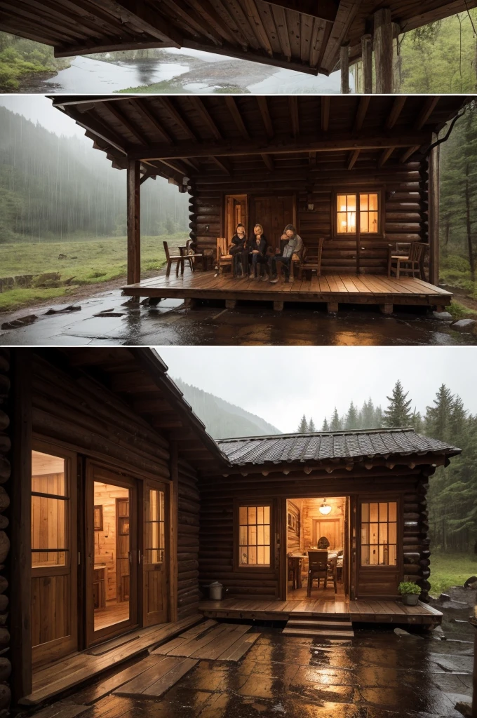 A group of friends with frightened expressions sheltered inside a rustic cabin as torrential rain falls outside.