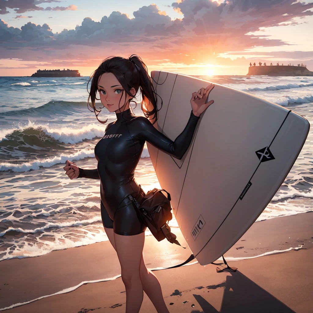 ((best qualityer)), 3d drawing, woman enchanted in surfer, surf pranch, beachfront, sunset