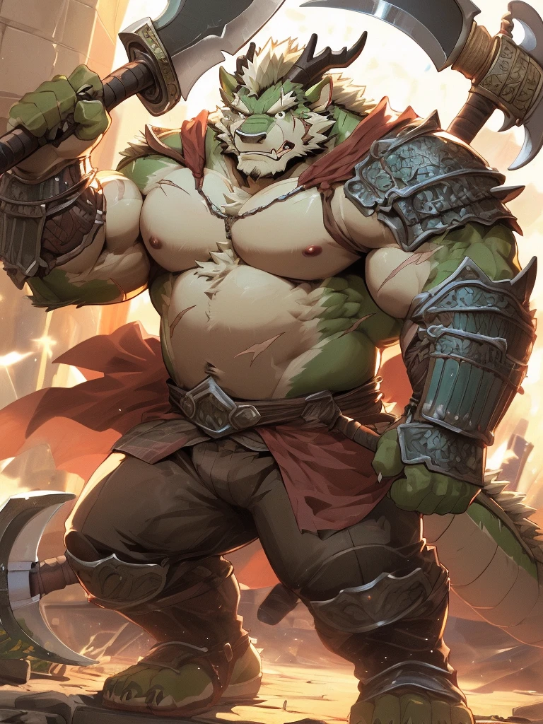 a furry eastern dragon, long whisker, green fur, bare chest, big chest, big build, warrior waist armor, sandal, ((eastern dragon), ((green dragon)), ((waist armor)), furry art, full body, mature, tall, daddy, muscular, rounded face, ((no coat)), ((berserker)), scar body, (scar), bare body, many scars on body, scar face, long beard, very muscular, beefy body, (((bare chest))), (((large pecs))), (((hold a long and big axe))), action pose