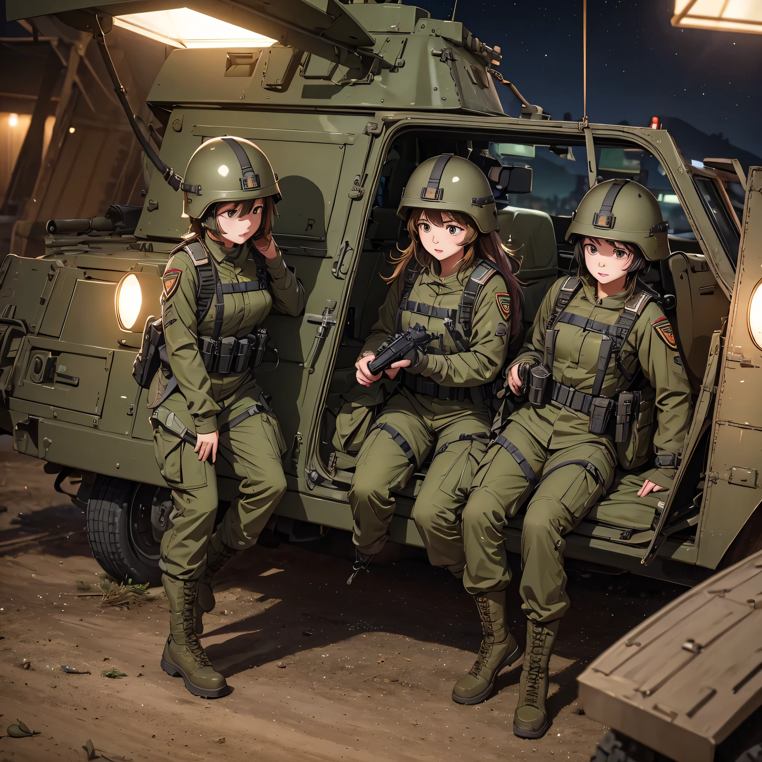 First-person perspective、Three female soldiers in helmets、Olive military uniform 、Magazine Pouch、Look at the crotch、patrol、Military camp at night、Write details、masterpiece、best quality、Highly detailed CG、8K picture quality