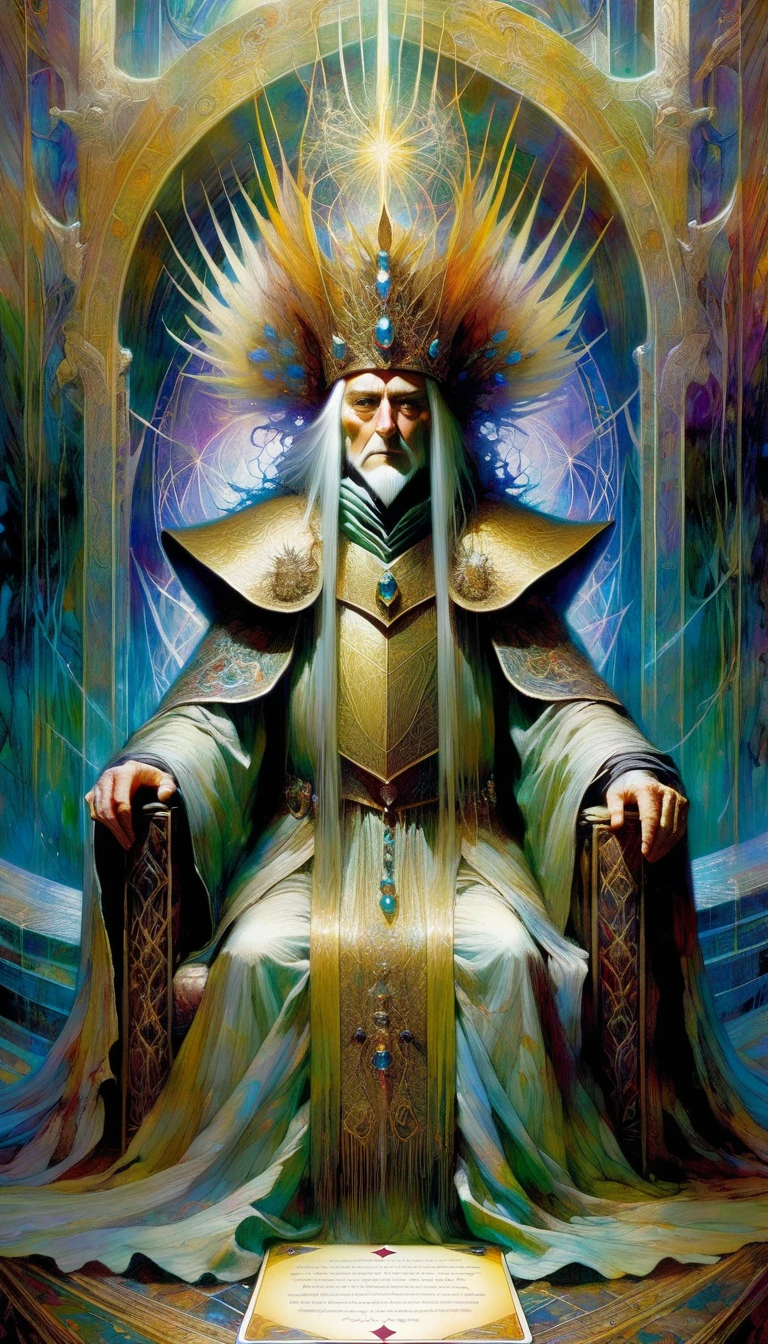 tarot card, the emperor, IN THE TRONE ((text on card: "EL EMPERADOR"))by Brian Froud and Carne Griffiths and Wadim Kashin, intricate details, oil
