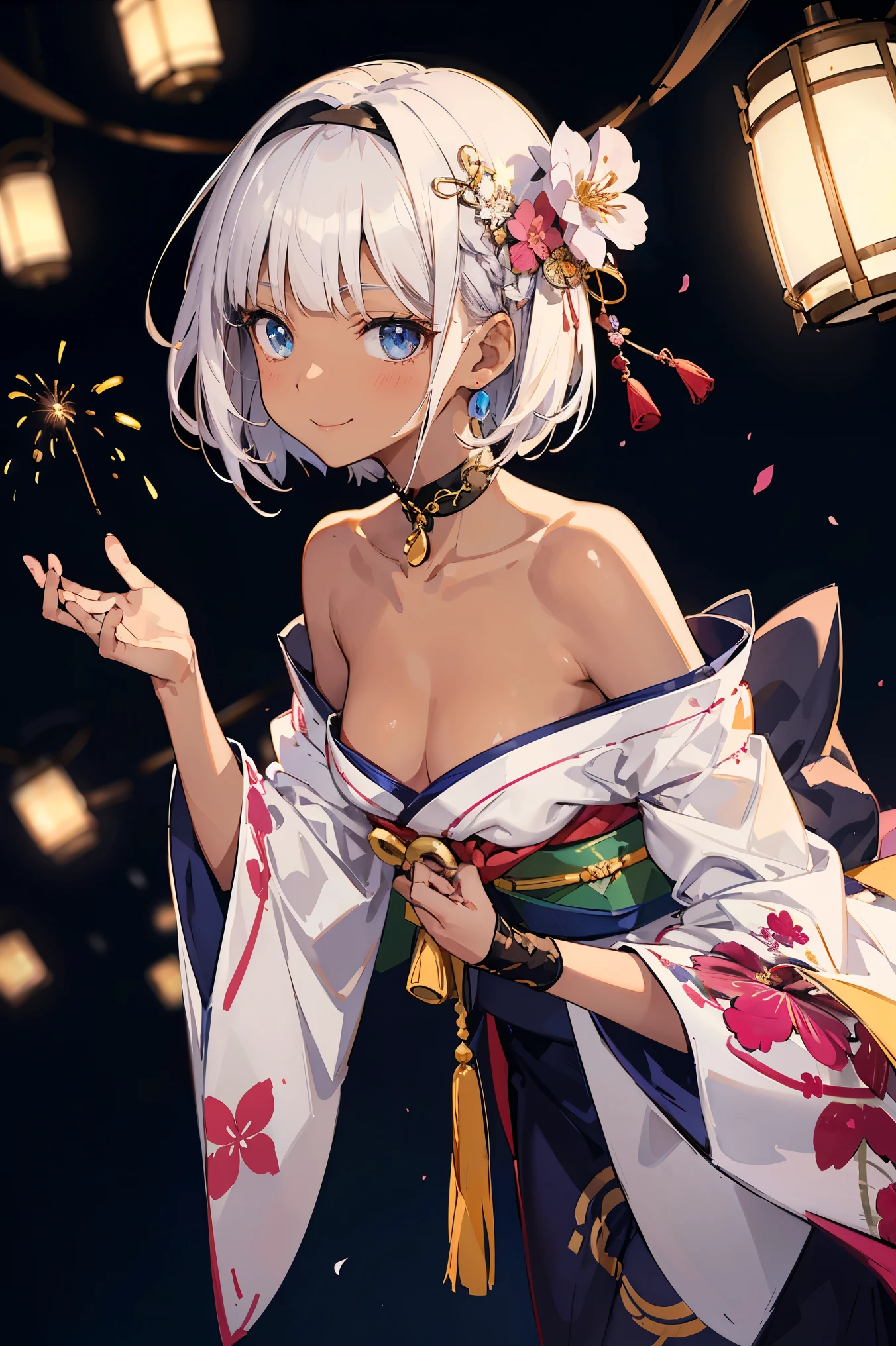 One Woman、 (((dark skin))), Beautiful silver hair、((((Very short hair))))、French braids、skyblue eyes、small eyes, ((tsurime)), Beautiful Eyes、(hair band)、(((Blunt bangs))), ((Medium Chest)), 24-years-old、Off the shoulder、Tight waist, night、Fireworks display、Japanese Festivals、((Pink long-sleeved kimono))、Long flower hair ornament、sexy pose, bewitching pose, leaning forward、upper body、smile、Shallow depth of field、