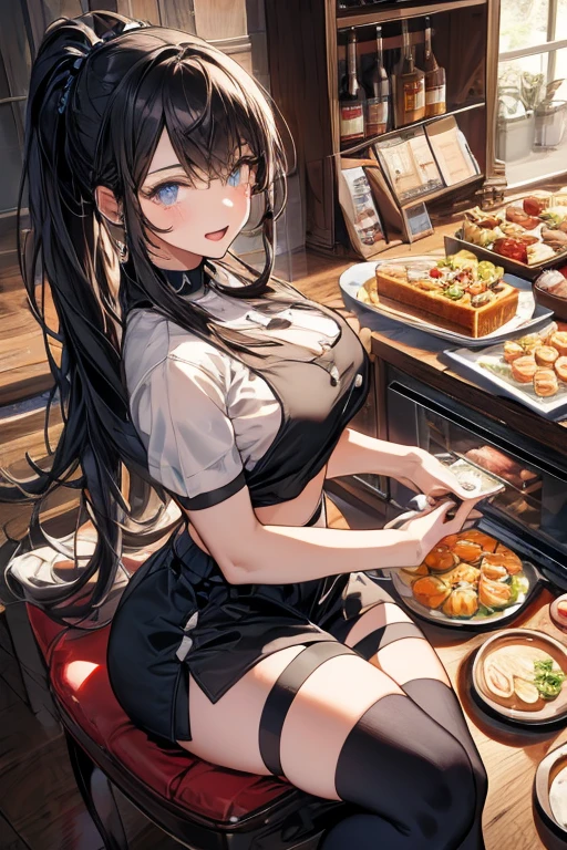 (dynamic angle:1.3, front view:1.1, breast focus:1.3, from above:1.1), (dynamic posing:1.2, sexy posing:1.2), (seductive smiling:1.3), ((looking at cake,Taking a cake out of the golden oven, worried about the outcome:1.2)),highest quality、(real、photorealistic:1.4),(ultra high resolution, 8K RAW photo, clear focus), best qualtiy, natural lighting, field depth, (Bright pupils, detailed beautiful eyes, high detailed face), Red lip, (tight focus:1.2), a girl 22yo old, Wearing a pastry chef uniform:1.3 , Thicc, thin breast, long hair, blue eyes,garter stocking, cleavage:1.2, midriff, black shorts, black thighhighs, thigh strap, pretty girl, (highly detailed beautiful face and eyes,firm breasts),real skin,((black,hair,long pony tail hair)),thin pubic hair,cute,lovely, detailed eyes,(double breasted:1.0,under bust:1.0),(with sparkling eyes and a contagious smile),open mouth, Looking at Viewer,A scene of cooking in the kitchen,looking at the golden oven
