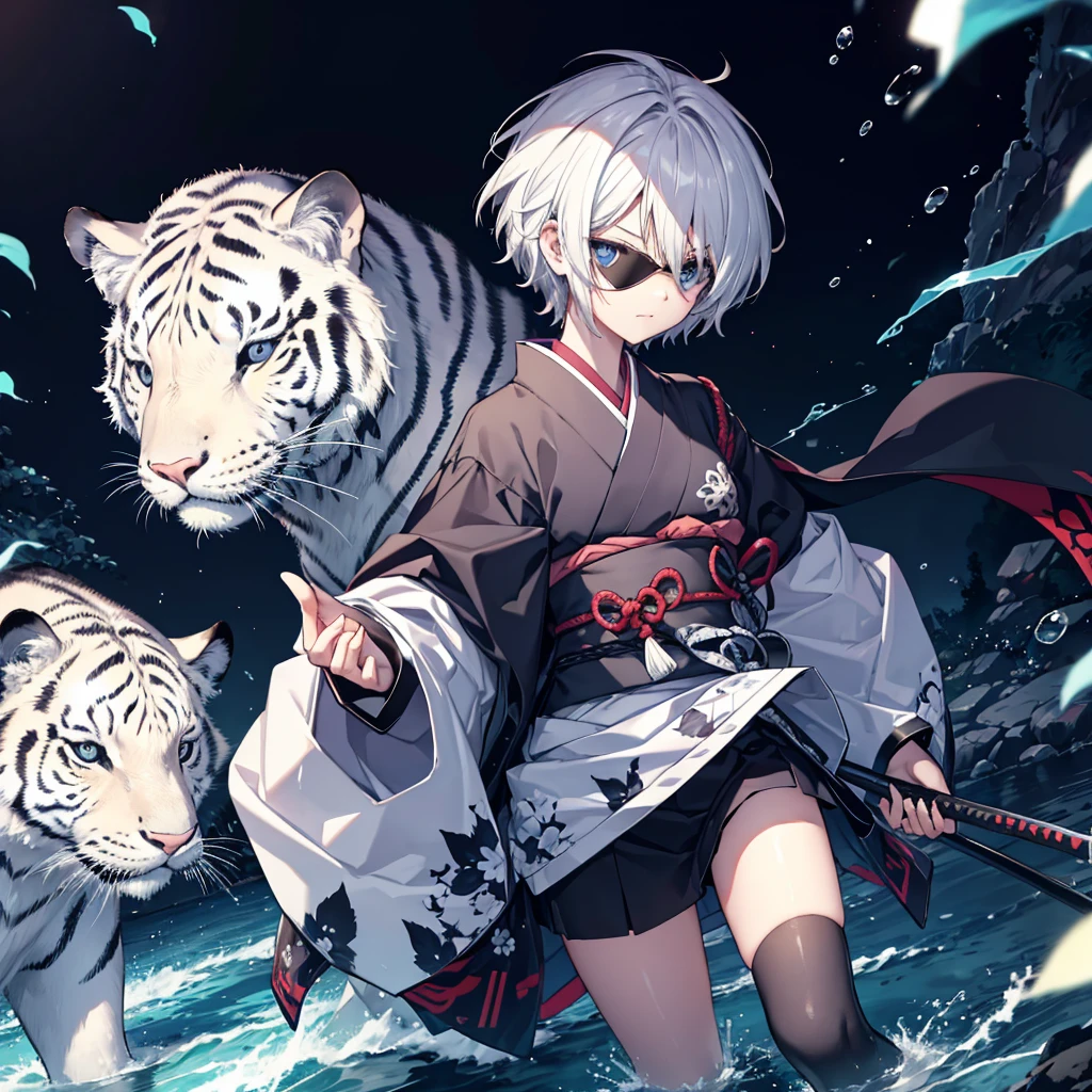 (((1 person))) (((Put on an eye patch))) ((White Tiger)) ((High resolution short hair Gray Hair Black kimono Shoulder knifeを胸の前で構える)) ((Black Band samurai Lonely despair blue eyes Close-up)) ((Blue Butterfly night Japanese style old Shining Aura garden water surface Catch the wind)) (dance 日本knife knife Slashing) 月night moonlight star Draw your sword Shining Background Shining Edge
